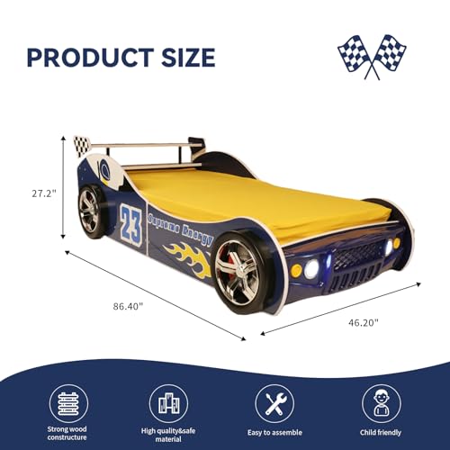 Twin Race Car Bed Frame for Kids with LED Headlights and Guardrails