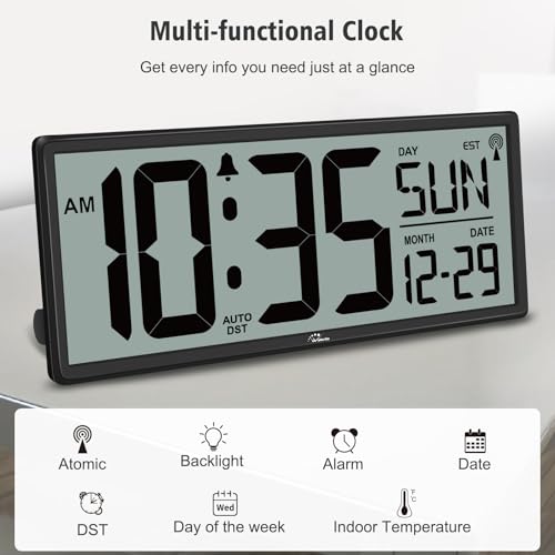 14.5-Inch Atomic Digital Wall Clock with Backlight, Temperature and Date