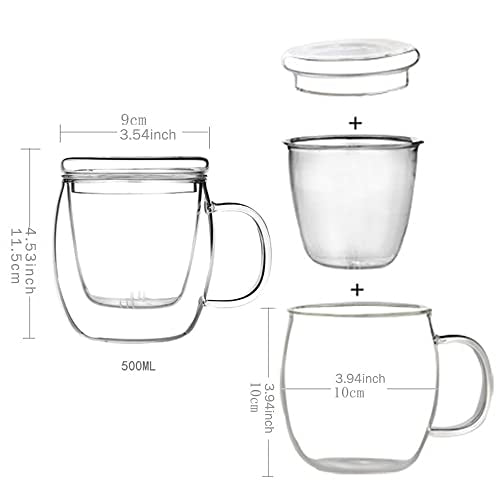 17 oz Glass Tea Cup with Infuser & Lid - Clear Loose Leaf Mug for Hot & Cold Beverages