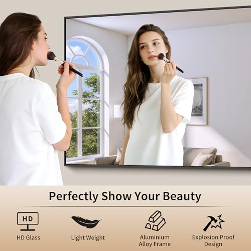 30x30 Inch Black Metal Wall Mirror, Rectangular Modern Vanity Mirror
