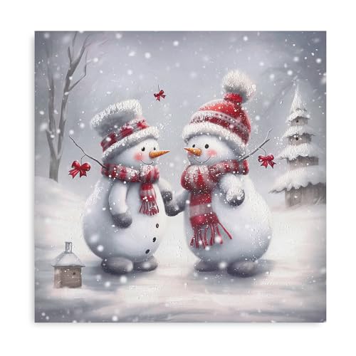 24x24 Inch Snowman Canvas Christmas Wall Art - Two Snowmen Playing in Snowfield, Ready to Hang Winter Decor