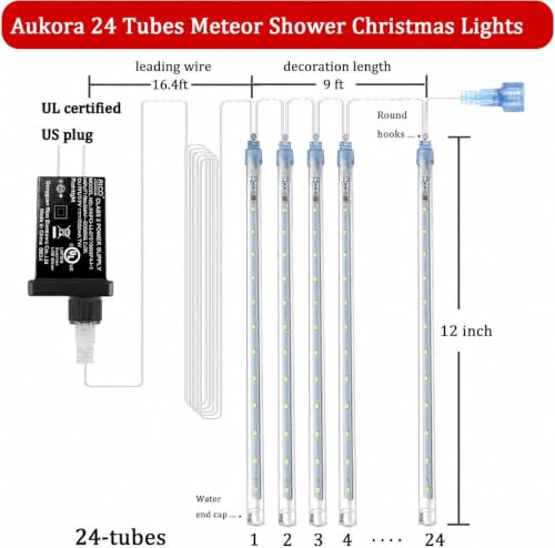 Aukora Halloween Red Meteor Shower Lights 24-Tube 46.4ft UL-Certified