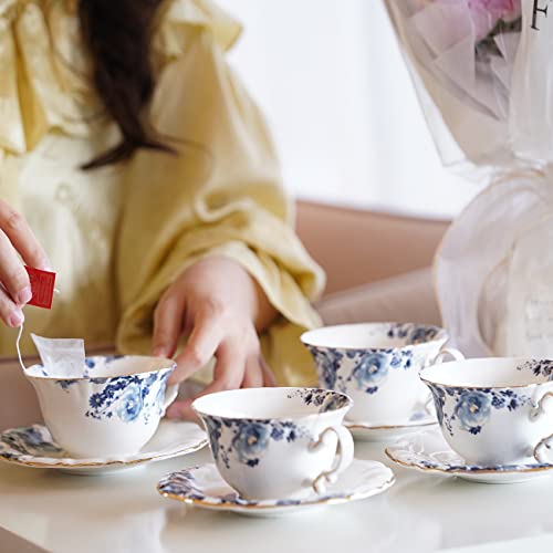 Jomop Blue and White Ceramic Tea Cups & Saucers Set of 4 - Porcelain Coffee & Tea Service
