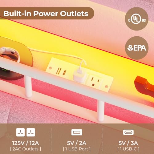 Twin Upholstered Bed Frame with LED Lights, 4 Drawers & Charging Station