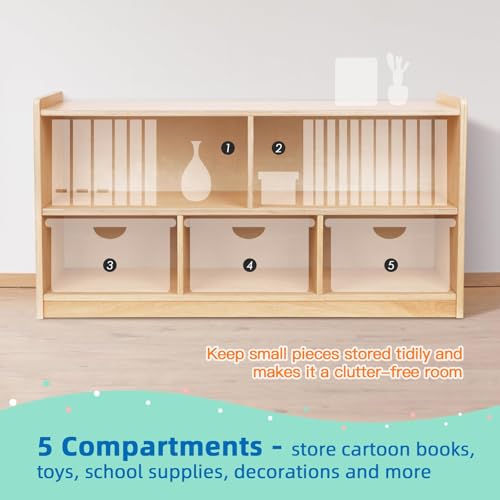5-Section Montessori Toy Storage Cabinet, 2-Tier Wood Bookcase for Kids