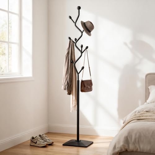 Tree-Shaped Metal Coat Rack with 8 Hooks and Weighted Cast Iron Base