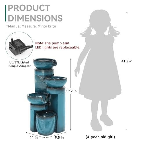 4-Tier Outdoor Water Fountain with LED Lights, 19.3-Inch Faux Ceramic Finish