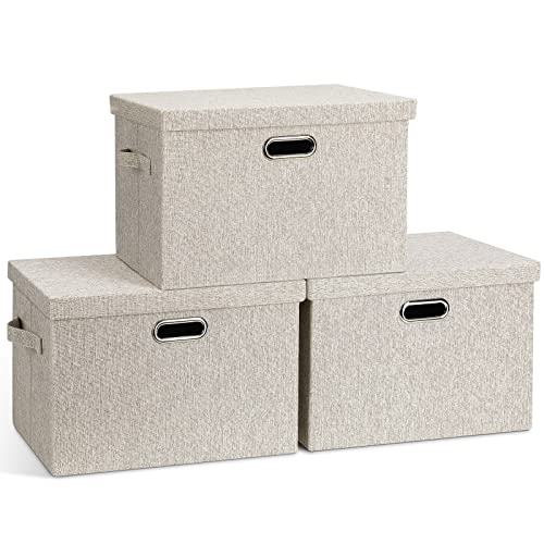 Collapsible Stackable Storage Bins with Lids 3-Pack Beige Linen Fabric