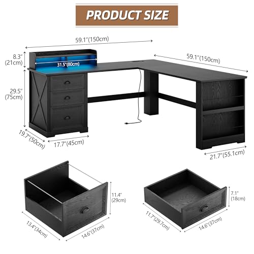 59-Inch L-Shaped Computer Desk with LED Lights, Charging Station & Drawers