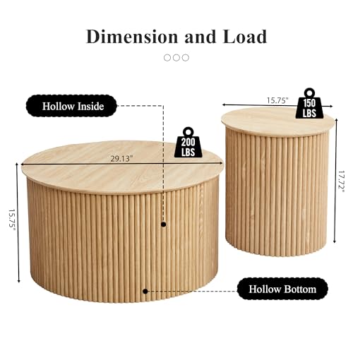Fluted Round Nesting Coffee Table Set of 2, Modern Wood Center Tables