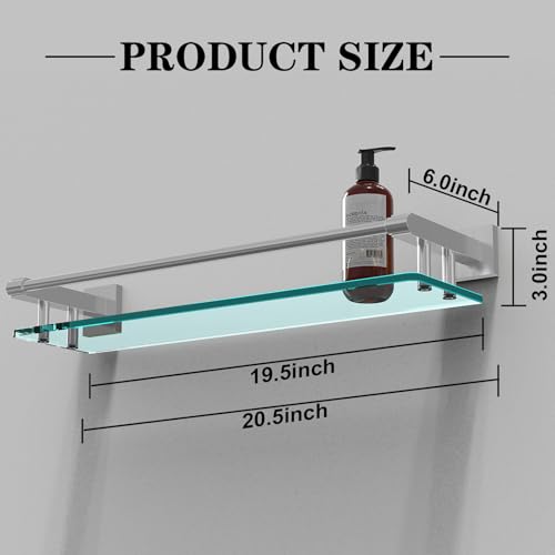 20-Inch Tempered Glass Bathroom Wall Shelf with Brushed Nickel Railing
