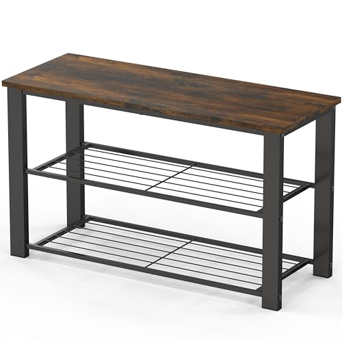 2-Tier Shoe Rack Bench, Rustic Brown Metal Entryway Storage Organizer