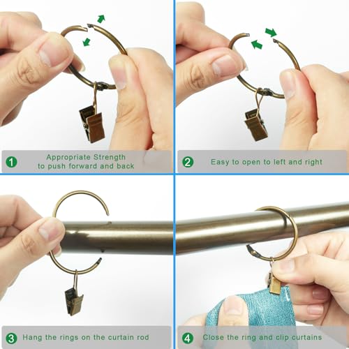 Openable Curtain Rings with Clips, 1.26-inch Bronze Drapery Rings, Set of 36