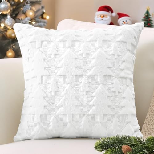 OTOSTAR 20x20 White Christmas Tree Plush Pillow Cover - Faux Fur Wool Cozy Throw Cushion