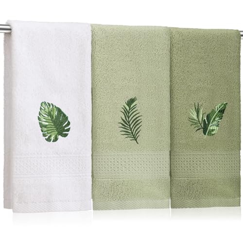3-Piece Embroidered Cotton Hand Towel Set, Tropical Leaf Bathroom Decor