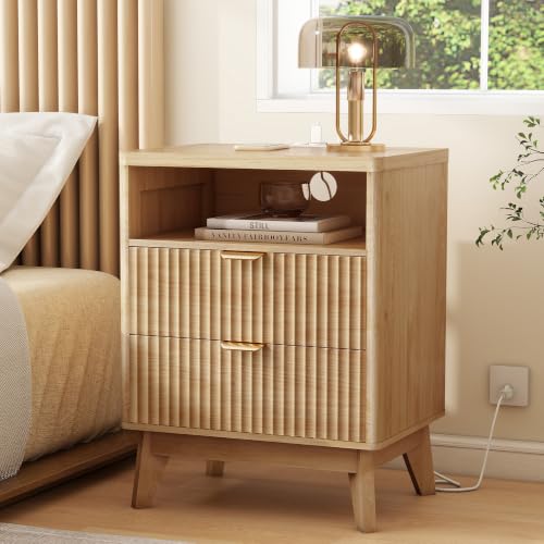 Fluted Nightstand with Charging Station, 2-Drawer Wood End Table