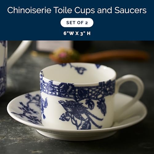 Caskata Chinoiserie Toile Bone China Tea Cups & Saucers Set of 2 - Blue Decorative Drinkware