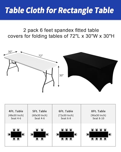 2 Pack 6ft Rectangular Spandex Fitted Tablecloth, Black Stretch Table Cover