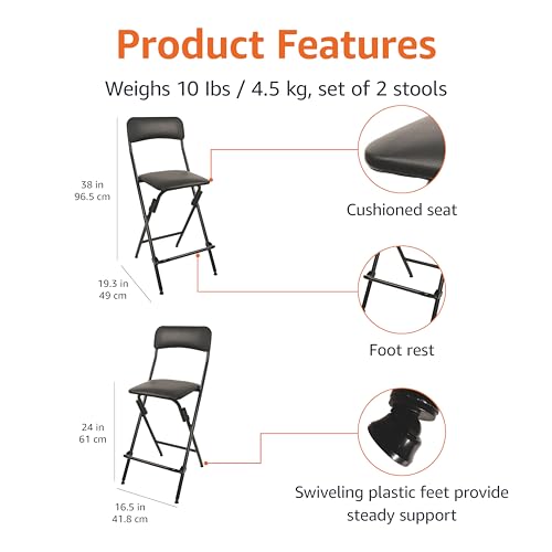 24-Inch Folding Bar Stools with Padded Seat, Black, Set of 2
