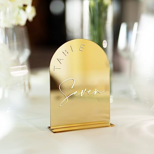 Gold Mirror Arched Acrylic Table Numbers 1-10 with Stands (5x7 Inch)