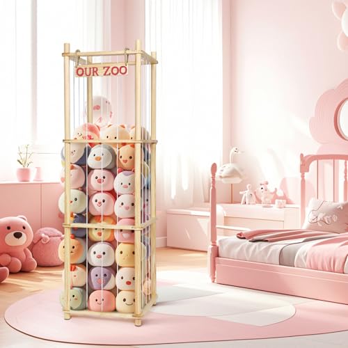Tall Natural Pine Wood Stuffed Animal Storage Organizer with Elastic Cords