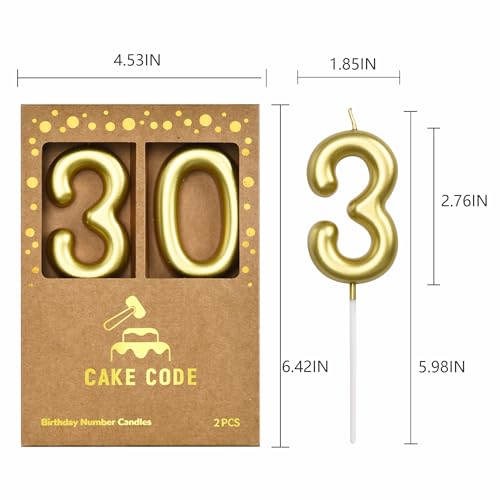 Gold 30 Birthday Number Candle - 2.76 Inch Large Cake Topper with Holder