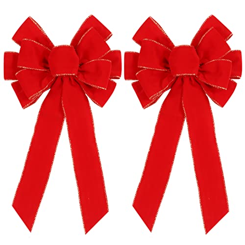 2-Pack Large Red Velvet Christmas Bows with Gold Edge - 12x20 Inch