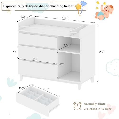 Convertible Baby Changing Table with 4 Drawers and Storage Shelves