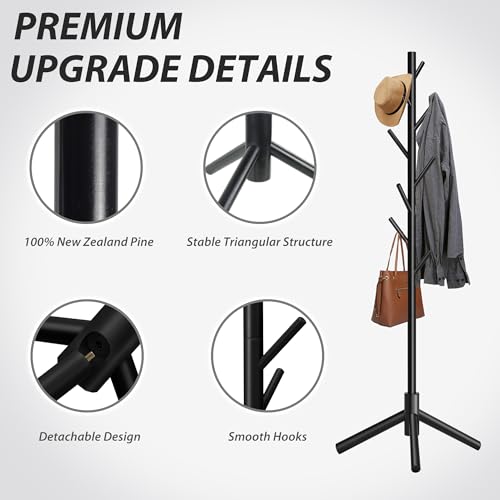 8-Hook Freestanding Wooden Coat Rack, 3 Adjustable Heights