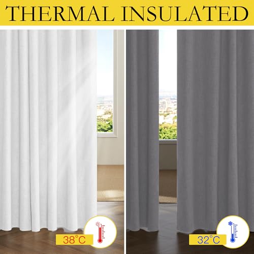 100% Blackout Linen Curtains - Greyish White, 90" Long, Thermal Insulated Drapes (1 Pair, 52" Width Each)
