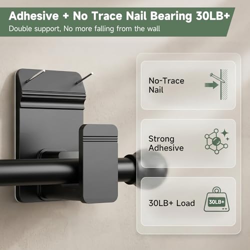 No Drill Curtain Rod Brackets for 5/8" Rods, Heavy Duty Holders (4 Pack, Black)