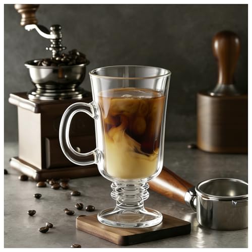 Vitrignis 8oz Irish Coffee Mugs Set of 6 - Clear Glass Handles & High Base