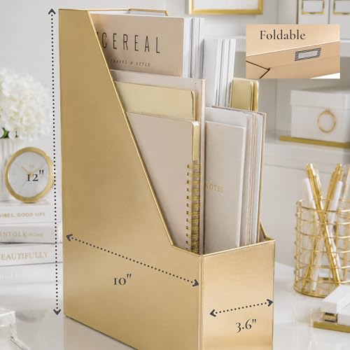 Gold Cardboard Magazine File Holder Set of 4 - Vertical Desk Organizer
