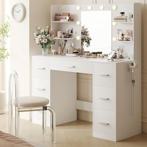 Vanity Desk with Lighted Mirror, 7 Drawers, and Power Outlet - White