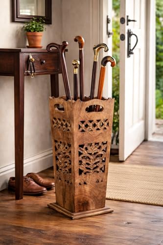 Hand-Carved Solid Wood Umbrella Stand & Walking Cane Holder