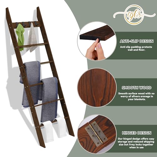 6-Tier Pine Wood Blanket Ladder, Rustic Quilt Rack with Hooks