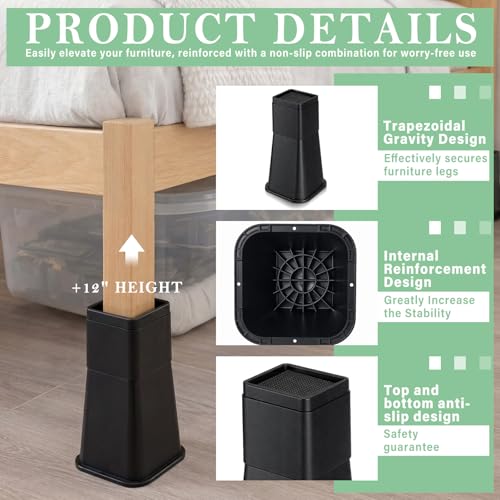 12-Inch Heavy Duty Bed Risers (4 Pack) - Plastic Furniture Extenders