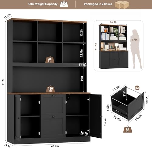 72" Tall Bookcase with Power Outlet, Printer Stand & 2 Filing Drawers