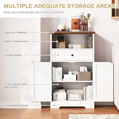 Farmhouse Floor Storage Cabinet with Barn Doors and Drawer, White