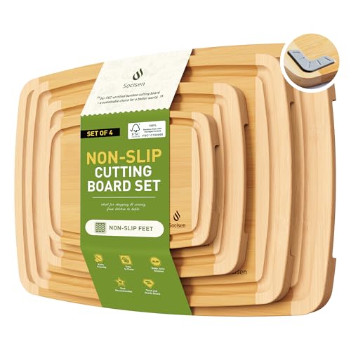 Socisen 4-Piece Bamboo Cutting Board Set with Non-Slip Feet – 17.5 x 12 in, Two-Tone