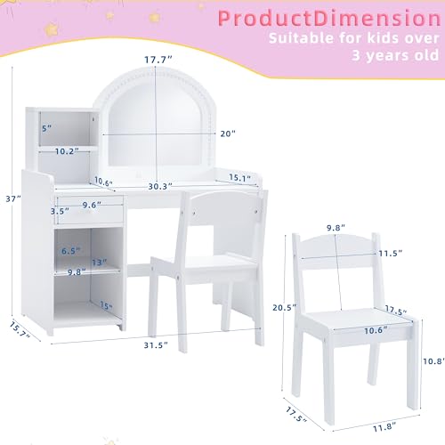 Kids Vanity Set with Lighted Mirror, Drawer, and Stool - White