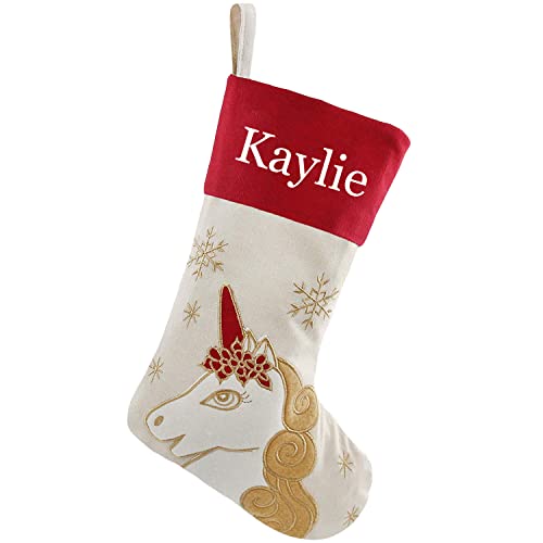 Personalized 18" Linen Christmas Stocking with Embroidered Name - Unicorn