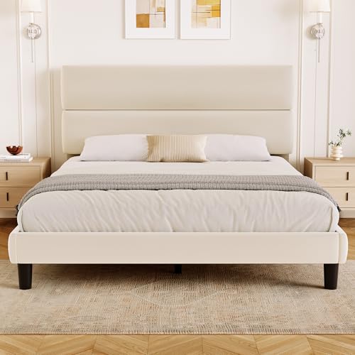 Queen Upholstered Platform Bed Frame with Adjustable Velvet Headboard, Beige