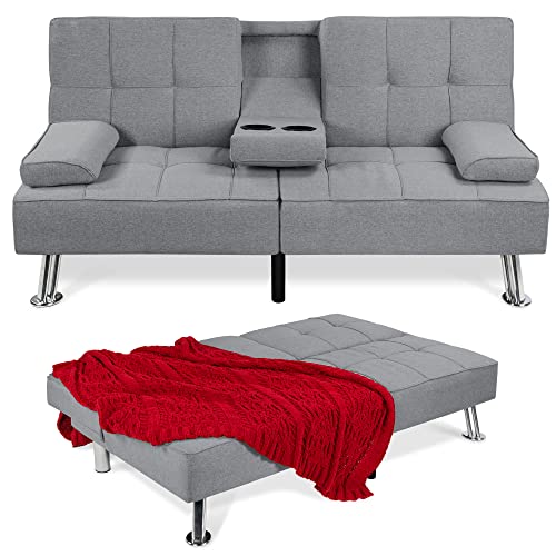 Modern Linen Convertible Sofa Bed with Cupholders and Removable Armrests