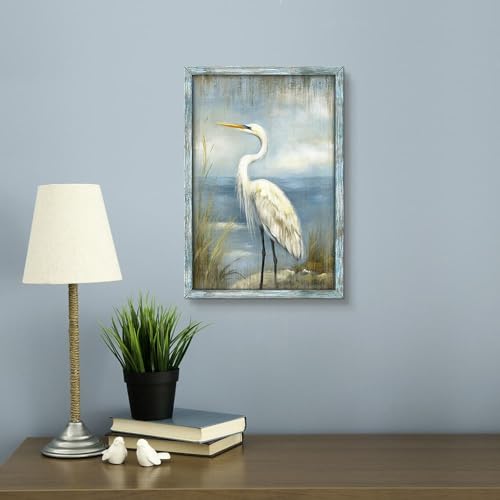 Coastal Heron Wooden Wall Art 11x16 Inch Framed Seascape Beach Decor