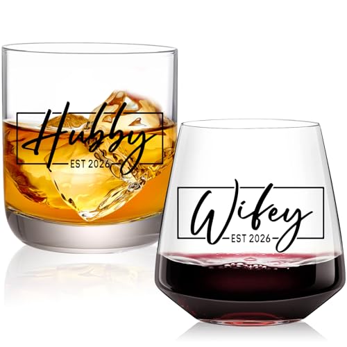 Wifey and Hubby Stemless Wine and Whiskey Glass Set for Couples
