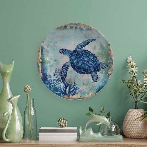 10-Inch Nautical Decorative Ceramic Plate with Display Stand, Turtle Pattern