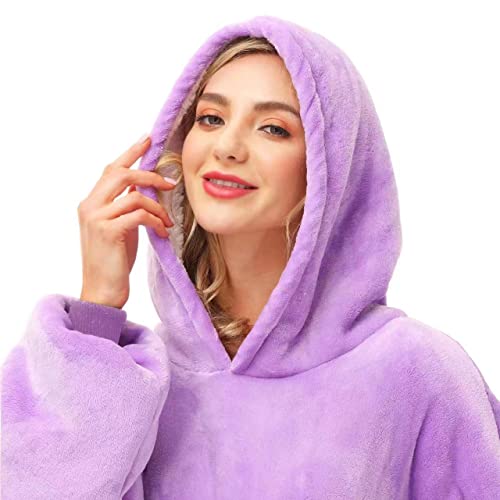 Oversized Wearable Blanket Hoodie, Cozy Sherpa Fleece Pullover, Purple