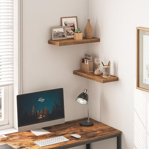 Rustic Brown Floating Wall Shelves, 15.7-Inch Wood Display Ledges - Set of 2
