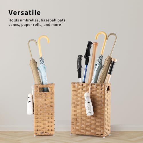 Hand-Woven Rattan Umbrella Stand with Drip Tray and Hooks, 16.5-inch